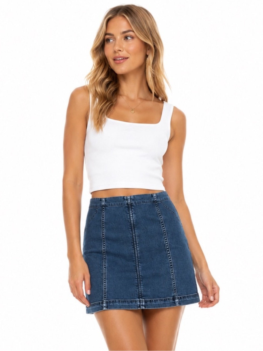Free People Blue Denim Mini Skirt Stretch Zip Back Size 12